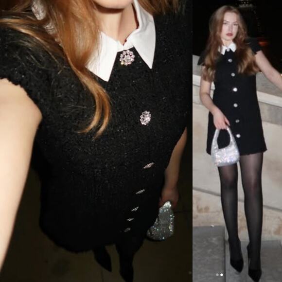 LIKELY | Riello Dress Black Tweed Collared Mini Shirt Dress Crystal Buttons 0 - Picture 1 of 16